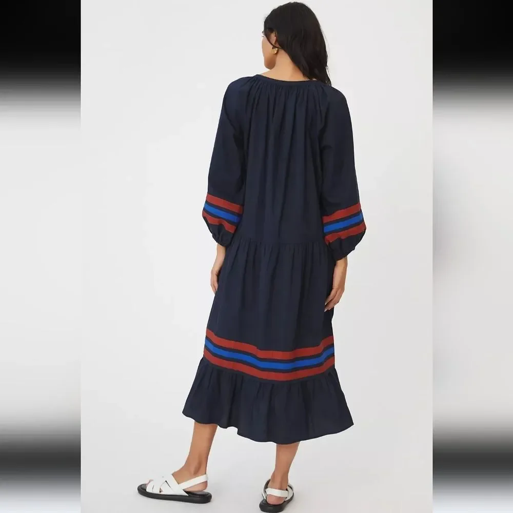 SUNDRY Tiered Midi Dress With Varsity Stripe In Blue Size 0 Or  XS - Picture 15 of 16